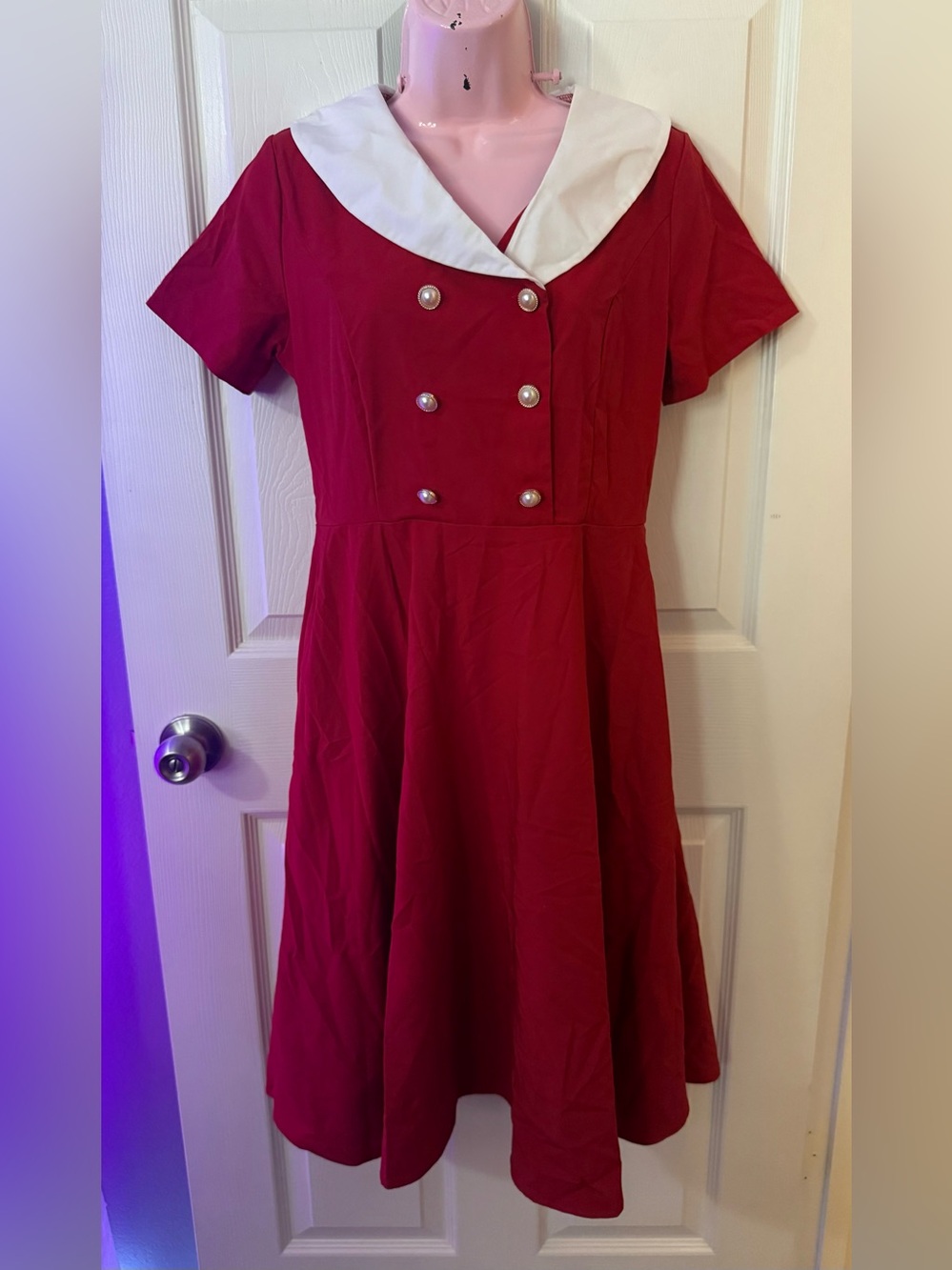 Red Sailor-Collar Fit & Flare Dress with Pearl Buttons